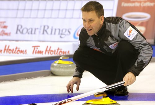 Brad Gushue during practice at MTS Centre Saturday for TIm Hortons Roar of the Rings Canadian Curling Trials which starts Sunday at MTS Centre.   Nov 30, 2013 Ruth Bonneville / Winnipeg Free Press