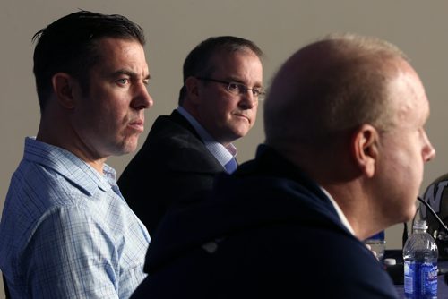 Assistants in place- General Manager Kyle Walters,left, with CFL Hall of Fame quarterback Danny McManus who was officially named as the new Winnipeg Blue Bombers assistant GM and director of U.S. scouting, right, and  Ted Goveia as their second new assistant general manager and director of player personnel,centre at IGF Tuesday morning- See Gary Lawless story- Dec 03, 2013   (JOE BRYKSA / WINNIPEG FREE PRESS)