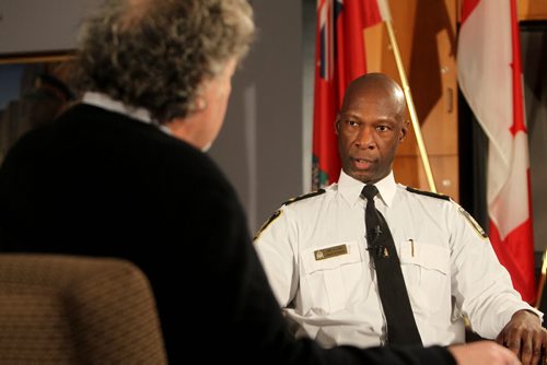 Winnipeg Police Chief Devon Clunis is interviewed by columnist Gordon Sinclair for story.  Dec 04, 2013 Ruth Bonneville / Winnipeg Free Press