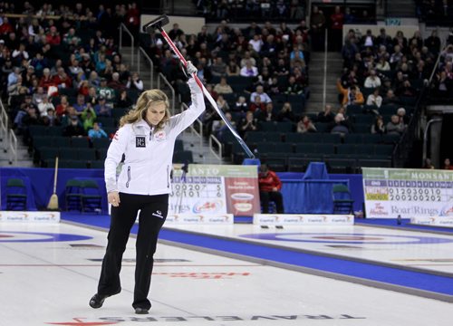 Jennifer Jones' celebrates  her teams win Thursday which  guarantees spot in curling final  at  MTS Centre Thursday  for TIm Hortons Roar of the Rings Canadian Curling Trials .  Dec 05, 2013Ruth Bonneville / Winnipeg Free Press