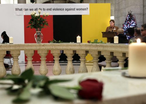 Gail Cullen, Manitoba Women's Advisory Council speaks at the sunrise memorial that took place in conjunction with Canada's National Day of Remembrance and Action on Violence Against Women in the Manitoba Legislative building Friday morning. Bill Redekop story/see release. Wayne Glowacki / Winnipeg Free Press Dec.6 2013