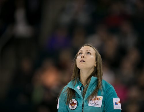 A disappointed Rachel Homan looks to the scoreboard during her 10-4 loss in the women's semifinal to Sherry Middaugh at Roar of the Rings. Middaugh advanced to the women's final against Jennifer Jones on Sunday.  131206 - Friday, December 06, 2013 - (Melissa Tait / Winnipeg Free Press)