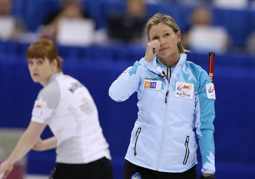 Skip Sherry Middaugh  reacts to a shot during action against Jennifer Jones in the womenÄôs final of Roar of the Rings curling at the MTS Centre on Sat., Dec. 7, 2013. Photo by Jason Halstead/Winnipeg Free Press