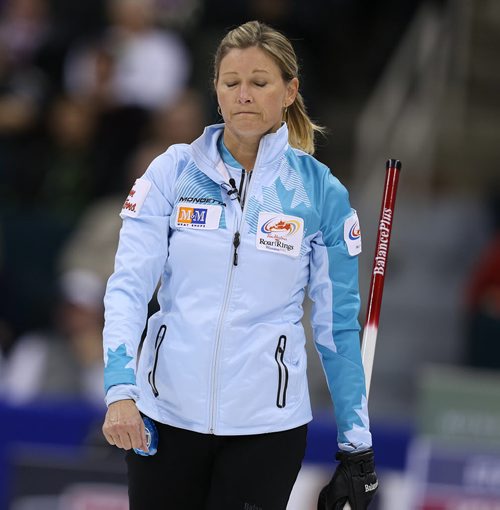 Skip Sherry Middaugh reacts to a shot during action against Jennifer JonesÄôs team in the womenÄôs final of Roar of the Rings curling at the MTS Centre on Sat., Dec. 7, 2013. Photo by Jason Halstead/Winnipeg Free Press