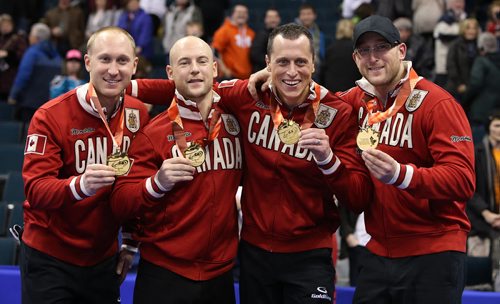 From left, Skip Brad Jacobs and teammates Brad Jacobs, Ryan Fry, E.J. Harnden and Ryan Harnden celebrate after defeating John MorrisÄôs team in the menÄôs final of Roar of the Rings curling at the MTS Centre on Sun., Dec. 8, 2013. Jacobs won the right to represent Canada at the Winter Olympics in Sochi, Russia, in February. Photo by Jason Halstead/Winnipeg Free Press