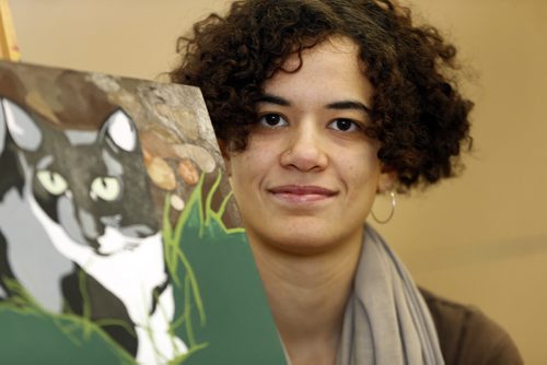 Artist  Arita Sawatzky paints at the Artbeat Studio  in the Exchange  every week thanks to the Canadian Mental Health Association (Winnipeg region).  Painting is of her pet cat .This helps her cope with depression and anxiety , United Way story by  Dec. 10 2013 / KEN GIGLIOTTI / WINNIPEG FREE PRESS