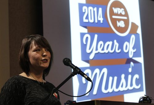 Sara Stasiuk, executive director of Manitoba Music and co-chair of the Year of Music organizing commitee  at the news conference to announce the launch of 2014 as Manitoba's Year of Music, it was held at the McPhillips Station Casino Wednesday.   Jen Zoratti story Wayne Glowacki / Winnipeg Free Press Dec.11. 2013