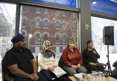 131214 Winipeg - DAVID LIPNOWSKI / WINNIPEG FREE PRESS (December 14, 2013)  (Right to Left) Leslie Spillett, Lori Wilkinson, Shahina Siddiqui, and  Amerdeep Parwana spoke at a  panel discussion at the Winnipeg Free Press News Caf¾© about "what does Canada stand for anyway?". The panel is in reaction to the Quebec charter and the fallout that debate is having across Canada among people whose religions mandate they dress a certain way (i.e.; wearing a kippah, a turban or a Hijab). The event was moderated by Nadia Kidwai.