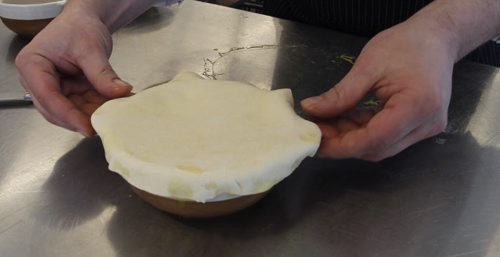 49.8     Recipe for turkey left overs. Red River College Chef Jon Royal prepares Turkey Stilton Pie. Placing pastry lid on dish.  Wayne Glowacki / Winnipeg Free Press Dec.18. 2013