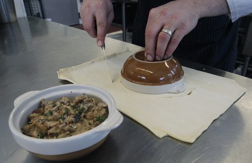 49.8     Recipe for turkey left overs. Red River College Chef Jon Royal prepares Turkey Stilton Pie. Cutting pastry lid for dish.  Wayne Glowacki / Winnipeg Free Press Dec.18. 2013