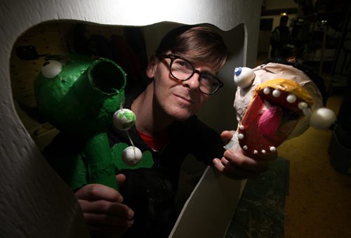 Visiting puppet artist Daniel Barrow poses at Art City. See story. December 18, 2013 - (Phil Hossack / Winnipeg Free Press)