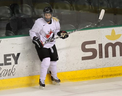 Ste. Anne Mb's Bailey Bram of Team Canada women's hockey players at Ralph Engelstad Arena in Grand Forks Thursday. See Gary Lawless story. December 19, 2013 - (Phil Hossack / Winnipeg Free Press)