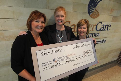 CancerCare president and CEO Annitta Stenning, left, and CancerCare special events manager Nicola Lindley Staren, right, with Winnipeg Free Press columnist Lindor Reynolds and a $1900 check that she is donating to CancerCare. BORIS MINKEVICH / WINNIPEG FREE PRESS  December 20, 2013