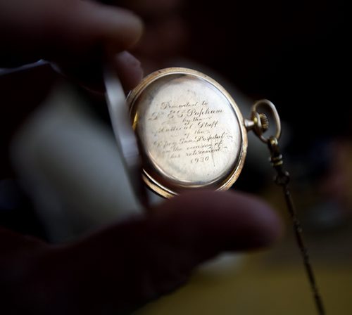 Engraving on the back of a pocket watch belonging to the Popham Family. a watch origionaly belongng to his grandfather was returned to Bruce Popham. Wendie Steppler and her father Dick returned the watch after 50+ years Friday. See story. December 20, 2013 - (Phil Hossack / Winnipeg Free Press)