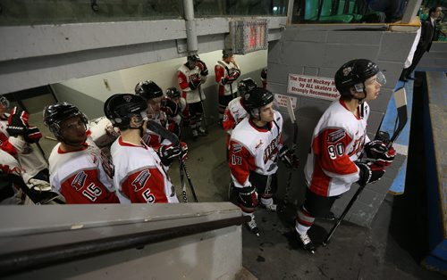 The Selkirk Steelers wait to face off versus the Portage Terriers, at Selkirk Rec Complex, Sunday, December 22, 2013. (TREVOR HAGAN/WINNIPEG FREE PRESS) - photographed for 49.8 on chew