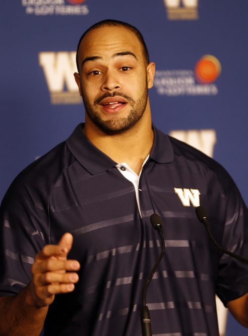 Wpg Blue Bombers   announce the signing of defensive end  Jason Vega  after he spend the 2013 season with New England and Dallas Äì  - Dec. 23 2013 / KEN GIGLIOTTI / WINNIPEG FREE PRESS