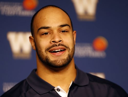 Wpg Blue Bombers   announce the signing of defensive end  Jason Vega  after he spend the 2013 season with New England and Dallas Äì  - Dec. 23 2013 / KEN GIGLIOTTI / WINNIPEG FREE PRESS