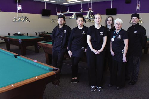 Canstar Community News (From left) Star Wang, cook; Jennifer Merko, server; Alana Armstrong, owner; Victoria Newton, server; Penny Siemens, cashier; and Steve Beckman, kitchen manager at the newly opened Crazy 8 Billiards on Berry Street. (JORDAN THOMPSON)