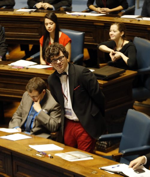 Honourable members - In Pic a colourful Premier Andrew Jones (in bow tie and red pants  standing )  gives speach to  members during debate - Youth Parliament of Manitoba regarding the second day of our 92nd Winter Session. Dec. 27 2013 / KEN GIGLIOTTI / WINNIPEG FREE PRESS