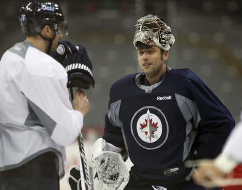 Winnipeg Jets goaltender Ondrej Pavelec  at practice Monday afternoon at the MTS Centre  - The Winnipeg Jets are in preparation for a home game tomorrow night against the Buffalo Sabers - Standup photo- Dec 30, 2013   (JOE BRYKSA / WINNIPEG FREE PRESS)