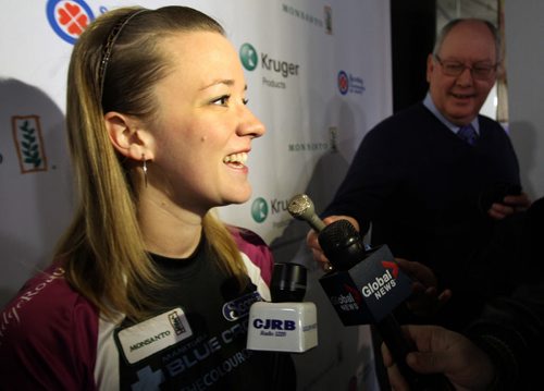 Skip Chelsea Carey from the Fort Rouge Curling Club all smiles at news conference today after her team was seeded #1 at the 2014 Scotties Tournament of Hearts held in Virden, Manitoba Jan 08-12, 2014   See Melissa Martin story- Jan 02, 2014   (JOE BRYKSA / WINNIPEG FREE PRESS)