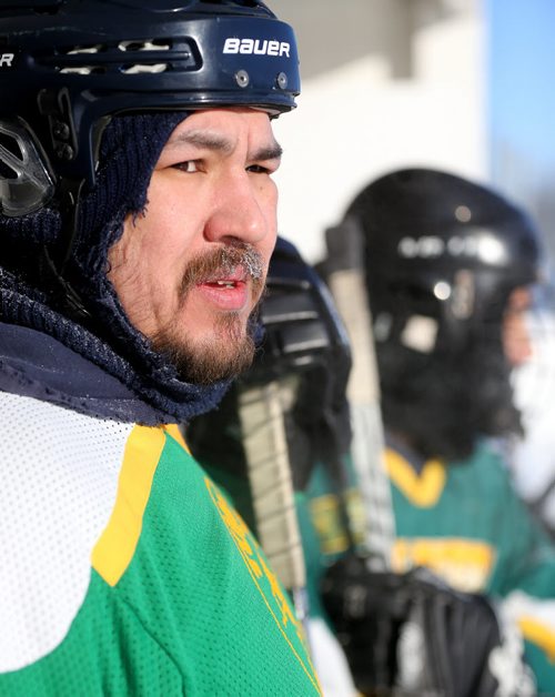 Dewey Ackegan watches from the bench during the Tumbleweeds spongee game agaist the Mighty Puckin Drunks at Melrose Community Centre, Saturday, Wednesday, January 4, 2014. The Tumbleweeds are the oldest spongee team in the world. (TREVOR HAGAN/WINNIPEG FREE PRESS) - for dave sanderson