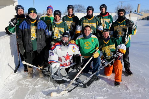The Tumbleweeds, following the teams spongee game against the Mighty Puckin Drunks at Melrose Community Centre, Saturday, Wednesday, January 4, 2014. The Tumbleweeds are the oldest spongee team in the world. (TREVOR HAGAN/WINNIPEG FREE PRESS) - for dave sanderson