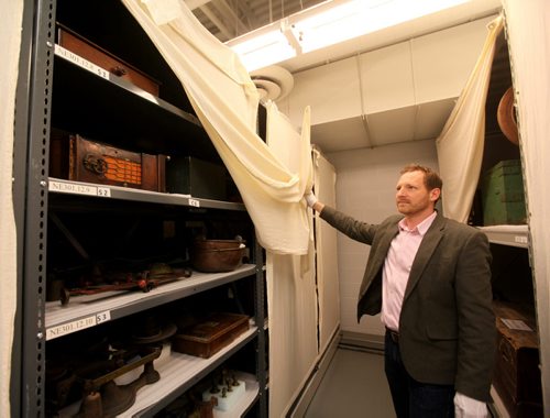 The Manitoba Museum Curator of History Roland Sawatzky opens up a storage space where many Hudson Bay Company items are stored.  Manitoba Museum artifacts from 1812-20 period to illustrate the Scottish in our province's history.  Alex Paul story.. Jan 08, 2014 Ruth Bonneville / Winnipeg Free Press