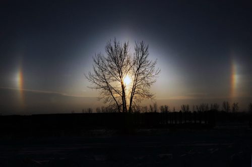 Strong south winds have whipped up ice crystals in the air in Transcona causing beautiful sundogs to appear Winnipeggers can look forward to warmer above normal temperatures for the next 7 days- Standup photo- Jan 09, 2014   (JOE BRYKSA / WINNIPEG FREE PRESS)