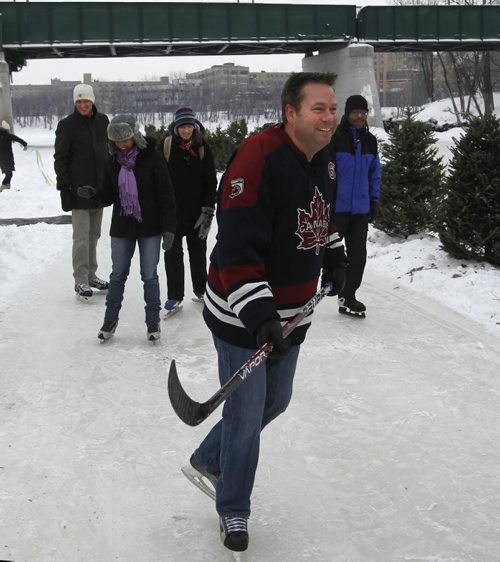 Darren Downey, a Forks staffer was one of the skaters at the official opening of the  Red River Mutual Trail on a mild Friday morning, the trail extends from The Forks down the Assiniboine River to the Osborne Bridge and down the Red River to the Norwood Bridge   Wayne Glowacki / Winnipeg Free Press Jan.10  2014