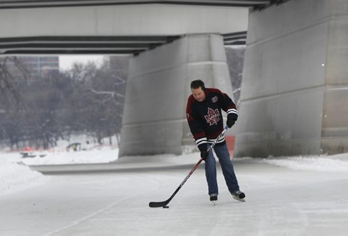 Darren Downey, a Forks staffer  skates on a section of the Red River Mutual Trail that officially opened on a mild Friday morning, the trail extends from The Forks down the Assiniboine River to the Osborne Bridge and down the Red River to the Norwood Bridge   Wayne Glowacki / Winnipeg Free Press Jan.10  2014