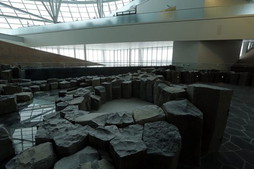 Rock and pond level filled second level Garden of Contemplation .In the open ,  grand ,geometric design of the  2nd level Garden of Contemplation  is evident as the public ascends from the darkness of the first floor. The builders of the complex structure are almost finished and the preparations for  the exhibits  are about to start . WINNIPEG Äì¬January 10 2014 Äì The designers and builders of the Canadian Museum for Human Rights (CMHR) held a  media tour on Friday, January 10, to showcase a remarkable achievement in building design and construction. Not in photo Sean Barnes, vice president and district manager for PCL Construction, and Scott Stirton, CEO of Smith Carter Architects and Engineers, will make opening remarks with  architects who brought Antoine PredockÄôs complex design to life to create a stunning Canadian architectural icon. JAN. 10 2014 / KEN GIGLIOTTI / WINNIPEG FREE PRESS
