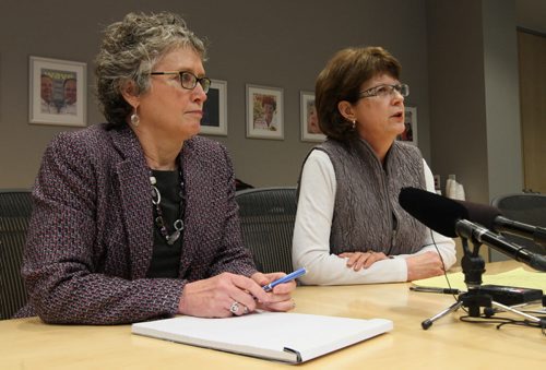 WRHA President Arlene Wilgosh, right, with WHRA VP Lori Lamont at news conference today speaking of man who died after leaving hospital See Randy Turner story- Jan 10 , 2014   (JOE BRYKSA / WINNIPEG FREE PRESS)