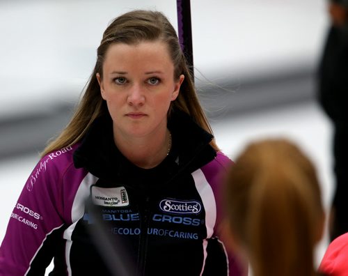 Chelsea Carey faces Kerri Einarson during the final of the Scotties Provincial Curling Championship at the Tundra Oil & Gas Place in Virden, Manitoba, Sunday, January 12, 2014. (TREVOR HAGAN/WINNIPEG FREE PRESS)