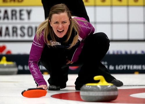 Chelsea Carey instructs her sweepers as she plays Kerri Einarson during the final of the Scotties Provincial Curling Championship at the Tundra Oil & Gas Place in Virden, Manitoba, Sunday, January 12, 2014. (TREVOR HAGAN/WINNIPEG FREE PRESS)