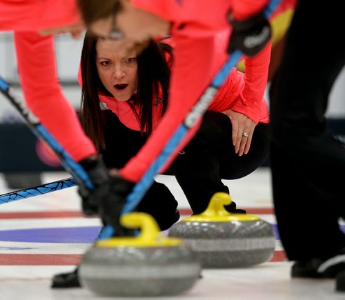 Kerri Einarson instructs her sweepers early in the final against team Chelsea Carey during the final of the Scotties Provincial Curling Championship at the Tundra Oil & Gas Place in Virden, Manitoba, Sunday, January 12, 2014. (TREVOR HAGAN/WINNIPEG FREE PRESS)