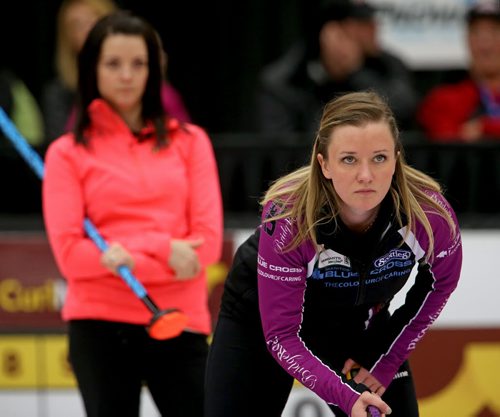 Kerri Einarson and Chelsea Carey during the final of the Scotties Provincial Curling Championship at the Tundra Oil & Gas Place in Virden, Manitoba, Sunday, January 12, 2014. (TREVOR HAGAN/WINNIPEG FREE PRESS)