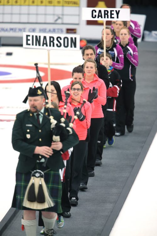 Team Kerri Einarson and team Chelsea Carey enter the Tundra Oil & Gas Place for the final of the Scotties Provincial Curling Championship, Sunday, January 12, 2014. (TREVOR HAGAN/WINNIPEG FREE PRESS)