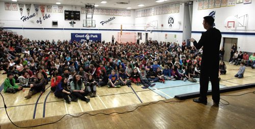 RCMP Constable Tad Milmine talks to a gym full of students at Grant Park High School about growing up a victim of bullying.  140113 - January 13, 2014 MIKE DEAL / WINNIPEG FREE PRESS