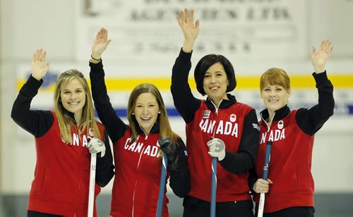 Jennifer Jones , Kaitlyn  Lawes  , Jill Officer  and Dawn McEwen Canadian Women's Curling team is heading off to the Olympics Äì for tim campbell story . JAN. 14 2014 / KEN GIGLIOTTI / WINNIPEG FREE PRESS