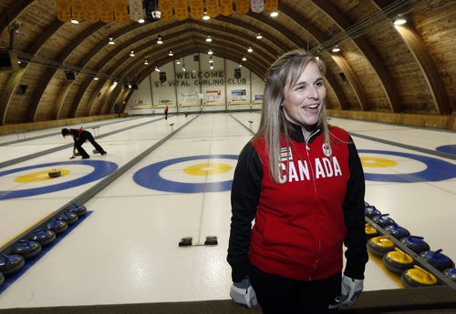 Sports , On their way To Sochi Olympics 1014 Jennifer Jones (in pic) teamates in background , Kaitlyn  Lawes  , Jill Officer  and Dawn McEwen Canadian Women's Curling team is heading off to the Olympics Äì at St, Vital CC for final media availability  for tim campbell story . JAN. 14 2014 / KEN GIGLIOTTI / WINNIPEG FREE PRESS