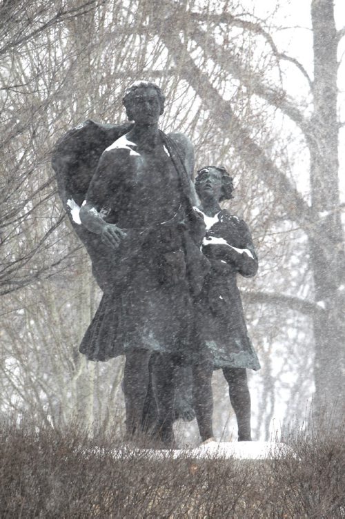 A monument honours early Selkirk Settler statures on waterfront Drive in Winnipeg.  See Alex Paul story on Selkirk Settlers.   Jan 15,, 2014 Ruth Bonneville / Winnipeg Free Press