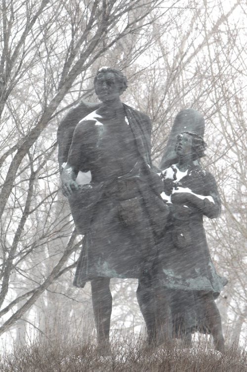 A monument honours early Selkirk Settler statures on waterfront Drive in Winnipeg.  See Alex Paul story on Selkirk Settlers.   Jan 15,, 2014 Ruth Bonneville / Winnipeg Free Press