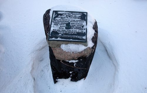 There is a tiny park at the north east corner of Ellice and Spence. In it is a boulder with a plaque commemorating the victims of the Haselmere fire Äî the second worst in Winnipeg history in terms of deaths. The boulder is on the Ellice Avenue side of the park. It is the 40th anniversary of the fire.  140116 - January 16, 2014 MIKE DEAL / WINNIPEG FREE PRESS
