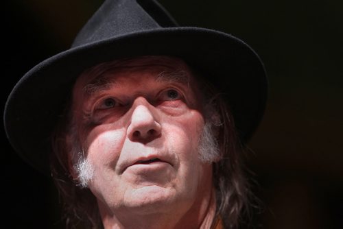 Neil Young held a news conference Thursday afternoon at the Centennial Concert hall where he discussed his Honour The Treaties tour that will play in Winnipeg tonight. The four-date tour that kicked off last Sunday in Toronto features  Diana Krall. The short tour is raising money and awareness for the Athabasca Chipewyan First Nation Legal Defense Fund to help fight for their treaty rights in the development of the oil sands in Northern Alberta.  See story- Jan 16, 2014   (JOE BRYKSA / WINNIPEG FREE PRESS)