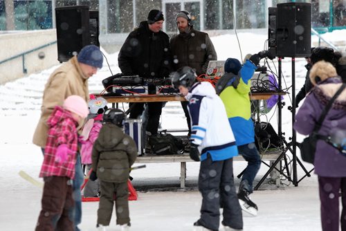 DJ Co-op (left) and DJ Hunnicutt (right) perform for skaters under the canopy at The Forks Sunday afternoon. 140119 - January 19, 2014 MIKE DEAL / WINNIPEG FREE PRESS