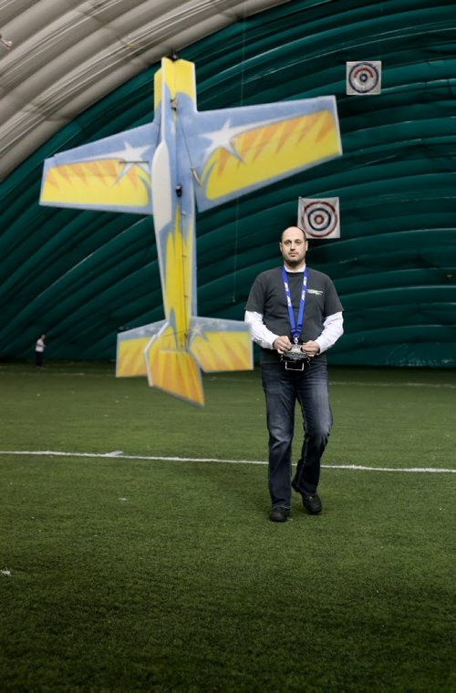 Marc Foucher flying one of his planes at The Golf Dome, Friday, January 17, 2014. (TREVOR HAGAN/WINNIPEG FREE PRESS) - for dave sanderson story