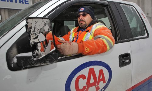 CAA Manitoba Battery Assist driver Jeff Laufer had just dropped a member off at his home on Sherbrook Street near Cumberland Avenue this past Monday morning, when a large vehicle sped by, clipped the side of the CAA truck and shattered its side-view mirror. Laufer suffered minor injuries to his left hand which was resting on the doorframe with the window unrolled when his truck was hit. CAA Manitoba reminding all motorists that it is the law to slow down and move over when passing tow trucks and other emergency vehicles.  140121 January 21, 2014 Mike Deal / Winnipeg Free Press