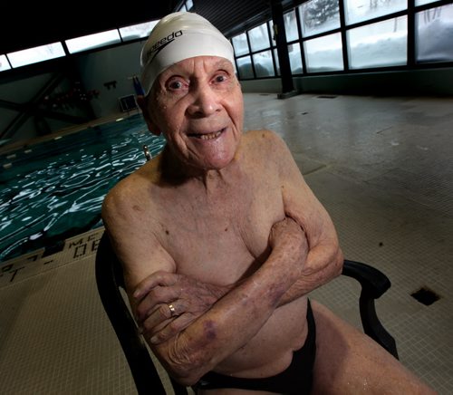 Jaring Timmerman, 105ys old,  mugs underneath his Speedo Swim Cap after prepping for an upcoming swim competition. See story. January 21, 2014 - (Phil Hossack / Winnipeg Free Press)