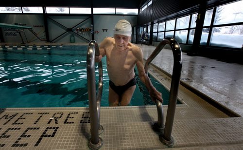 Jaring Timmerman, 105ys old,  climbs out of the Centennial Pool after prepping for an upcoming swim competition. See story. January 21, 2014 - (Phil Hossack / Winnipeg Free Press)